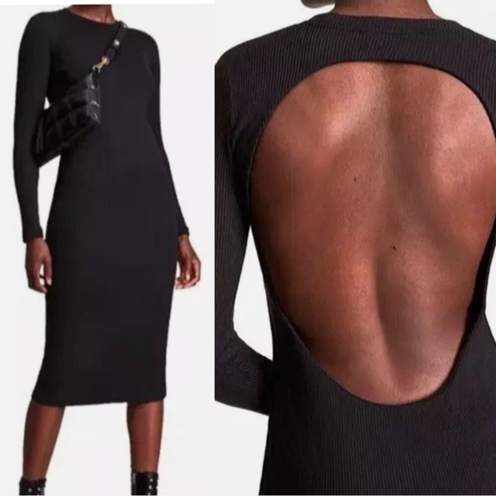 NWT ALLSAINTS Molly Dress Black Cutout Back Ribbed Stretch Midi Long Sleeve US 4